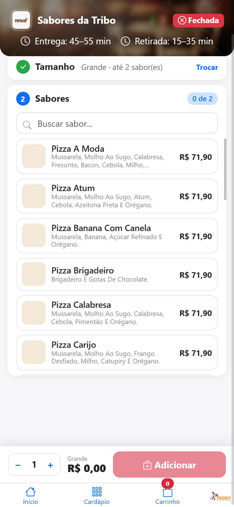 Tela Monte sua pizza no Pedido Agora: tamanho Grande escolhido, até 2 sabores, busca de sabor e lista com ingredientes e preço